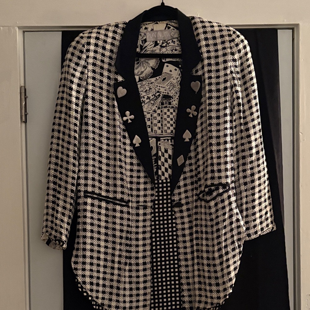 Vintage Black & White Houndstooth Blazer with Decorative Card-Suit Lapel